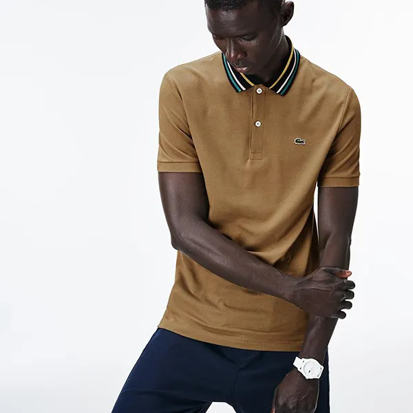 Áo Lacoste Men's Slim Fit Striped Contrast Collar Petit Pique Polo Shirt Màu Nâu
