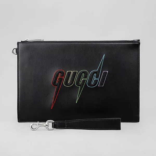 Túi Gucci Leather Embroidered Logo Pouch In 1058 Black Màu Đen