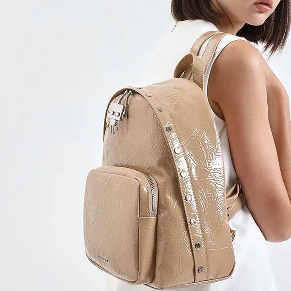 Balo Nữ Charles & Keith CNK Robot Charm Wrinkled Patent Backpack Màu Be