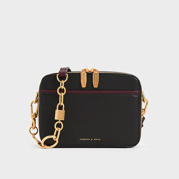 Túi Đeo Chéo Nữ Charles & Keith CNK Double Zip Crossbody Bag Black CK2-81200008 Màu Đen