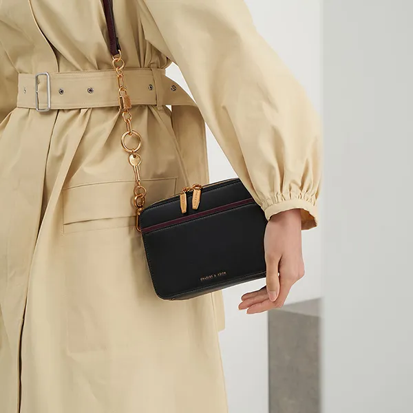 Túi Đeo Chéo Nữ Charles & Keith CNK Double Zip Crossbody Bag Black CK2-81200008 Màu Đen