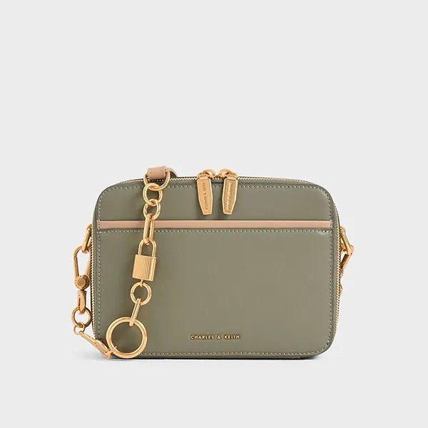 Túi Đeo Chéo Nữ Charles & Keith CNK Double Zip Crossbody Bag - Sage Green 81200008 Màu Xanh Xám
