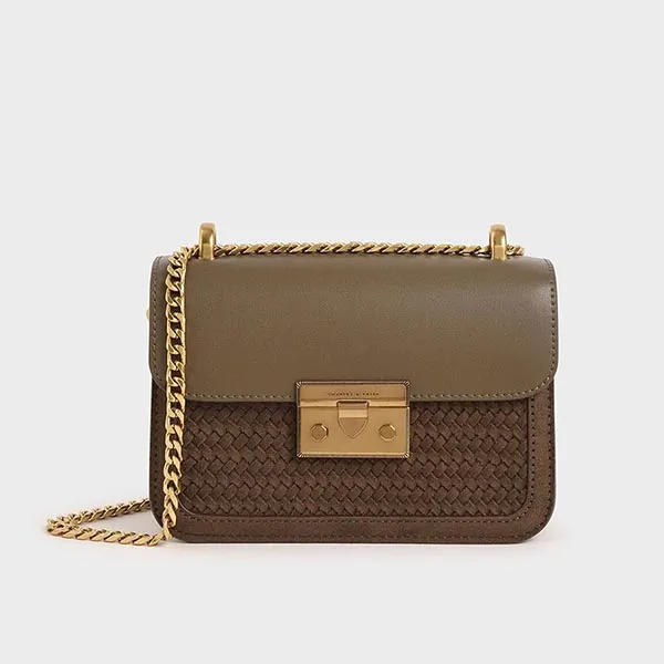 Túi Đeo Chéo Nữ Charles & Keith CNK Woven Push-Lock Crossbody Bag CK2-80701088-4 Màu Kaki
