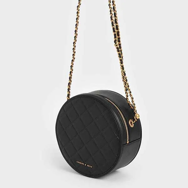 Túi Đeo Chéo Nữ Charles & Keith CNK Quilted Circle Bag Black 80680974-1