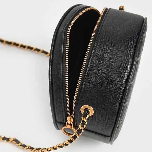 Túi Đeo Chéo Nữ Charles & Keith CNK Quilted Circle Bag Black 80680974-1