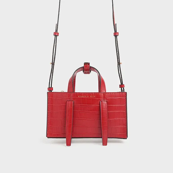 Túi Đeo Chéo Nữ Charles & Keith CNK Croc-Effect Double Top Handle Bag Màu Đỏ