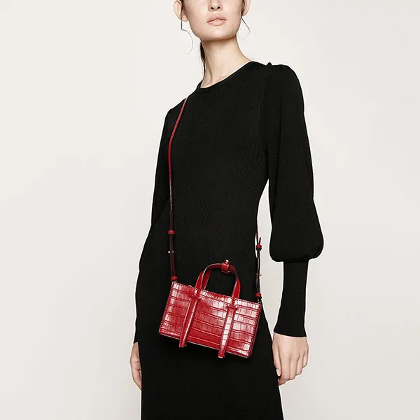 Túi Đeo Chéo Nữ Charles & Keith CNK Croc-Effect Double Top Handle Bag Màu Đỏ