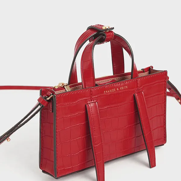 Túi Đeo Chéo Nữ Charles & Keith CNK Croc-Effect Double Top Handle Bag Màu Đỏ