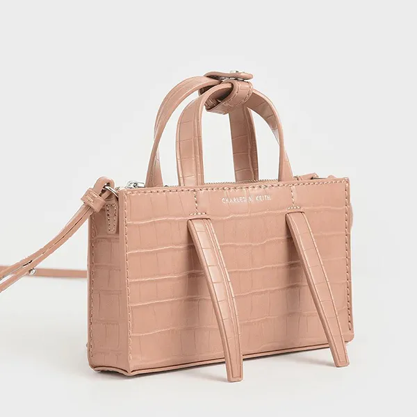 Túi Đeo Chéo Nữ Charles & Keith CNK Croc-Effect Double Top Handle Bag CK2-50270471 Màu Hồng Nhạt
