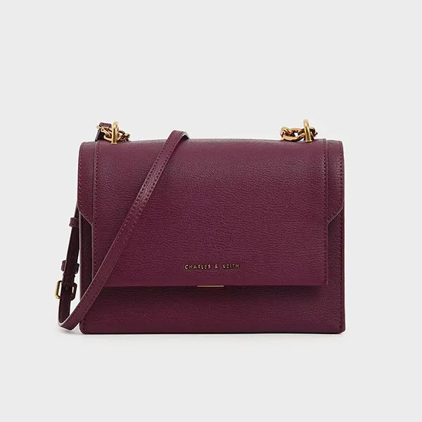 Túi Đeo Vai Nữ Charles & Keith CNK Chain Link Embossed Crossbody Bag 80700905 Màu Đỏ Mận