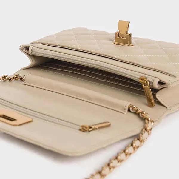 Túi Xách Nữ Charles & Keith CNK Quilted Flip Lock CK2-70160078 Màu Be