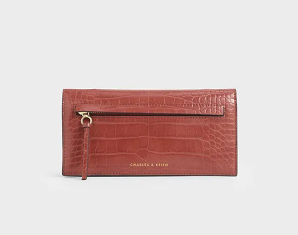 Ví Cầm Tay Nữ Charles & Keith CNK Mini Croc-Effect Front Zip Long Wallet 10770403 Màu Nâu Đỏ