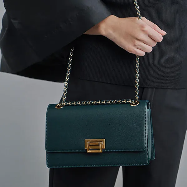Túi Đeo Vai Nữ Charles & Keith CNK Chain Strap Push-Lock Shoulder Bag Green CK2-20840219-6 Màu Xanh Green