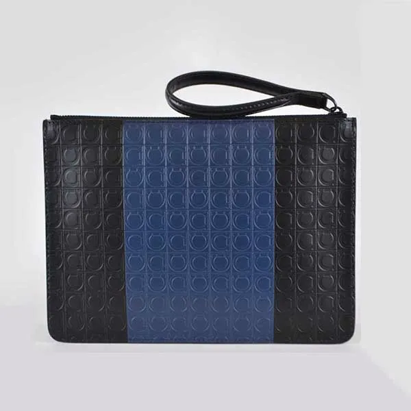 Túi Xách Salvatore Ferragamo Colorblock Calf Leather Gancini Zip Pouch Clutch Màu Xanh Đen