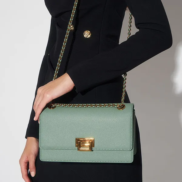Túi Đeo Vai Nữ Charles & Keith CNK Metallic Push-Lock Shoulder Bag Sage Green CK2-20840315 Màu Xanh Xám
