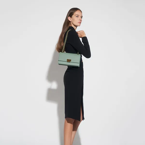 Túi Đeo Vai Nữ Charles & Keith CNK Metallic Push-Lock Shoulder Bag Sage Green CK2-20840315 Màu Xanh Xám