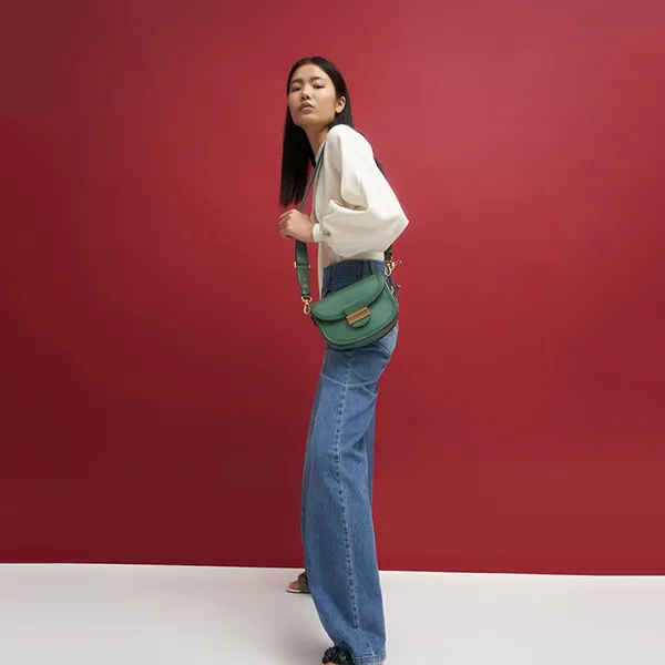 Túi Xách Nữ Charles & Keith CNK Embellished Saddle Bag Green 80781496 Màu Xanh Green