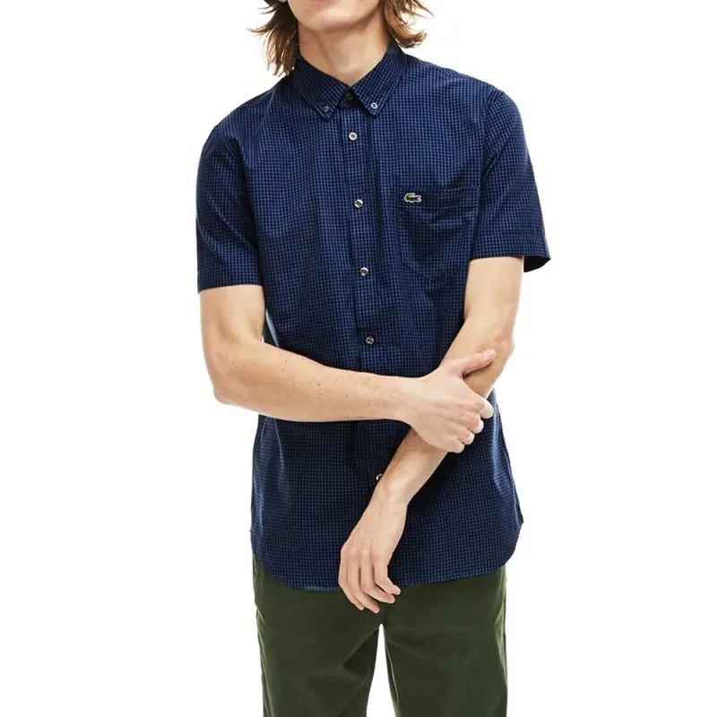 Áo Sơ Mi Cộc Tay Lacoste Chemisette Bleue À Carreaux Homme CH0470 00 CSB Màu Xanh Navy Size M