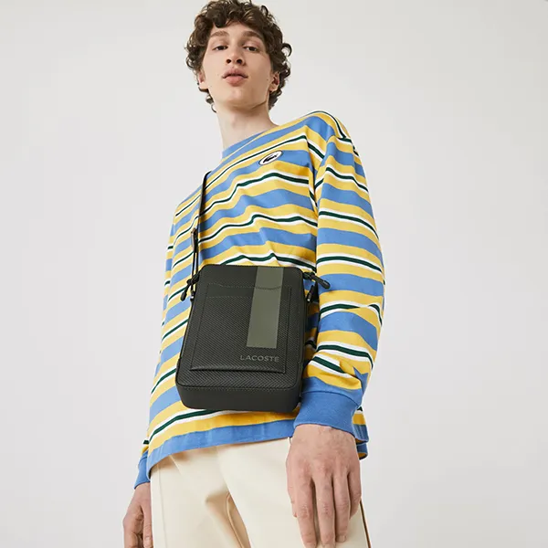 Túi Đeo Chéo Lacoste Men’s Chantaco Vertical Graphic Matte Piqué Leather Zip Bag Màu Xanh Olive