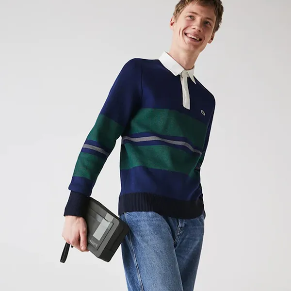 Túi Cầm Tay Clutch Lacoste Men’s Chantaco Graphic Piqué Leather Zip Pouch Màu Xanh Olive - Túi xách - Vua Hàng Hiệu