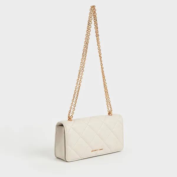 Túi Xách Nữ Charles & Keith CNK Chain Handle Quilted Long Wallet Cream 10680924 Màu Trắng Kem