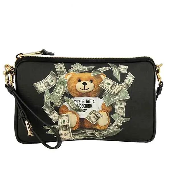 Túi Cầm Tay Moschino Couture Bag In Synthetic Leather With Teddy Dollar Print Màu Đen - Túi xách - Vua Hàng Hiệu