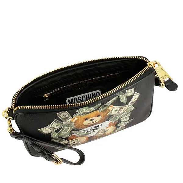 Túi Cầm Tay Moschino Couture Bag In Synthetic Leather With Teddy Dollar Print Màu Đen - Túi xách - Vua Hàng Hiệu