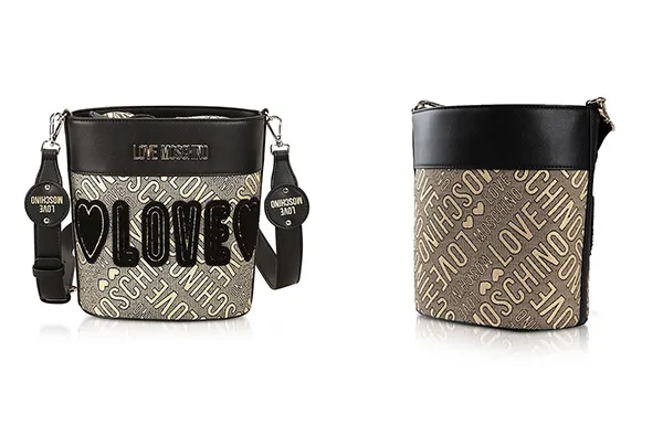 Túi Xách Love Moschino Signature Canvas And Eco Leather Bucket Bag Màu Đen Phối Be