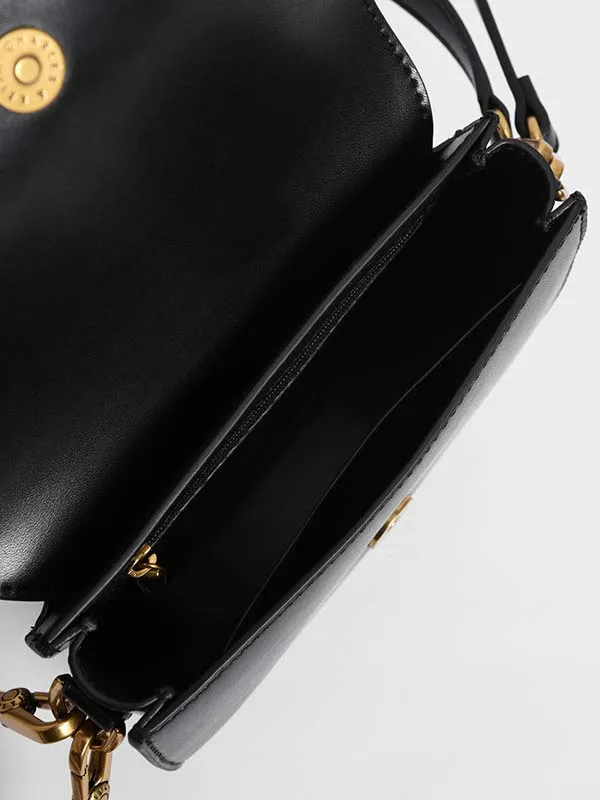 Túi Đeo Vai Nữ Charles & Keith CNK Metallic Buckle Saddle Bag Màu Đen Size 18cm