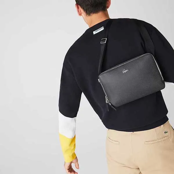 Túi Xách Lacoste Men's Chantaco Matte Stitched Leather Zippered Crossbody Bag NH3270CE Màu Đen