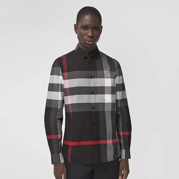 Áo Sơ Mi Burberry Check Stretch Cotton Poplin Shirt Màu Đen Size XS