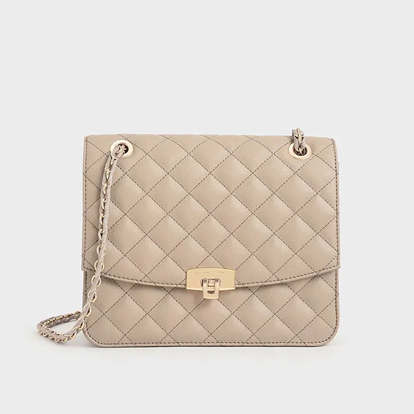 Túi Xách Nữ Charles & Keith CNK Quilted Chain Strap Clutch Sand CK2-70781538-2 Màu Cát Da Sần