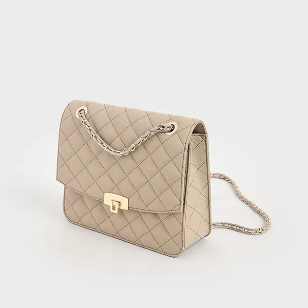 Túi Xách Nữ Charles & Keith CNK Quilted Chain Strap Clutch Sand CK2-70781538-2 Màu Cát Da Sần