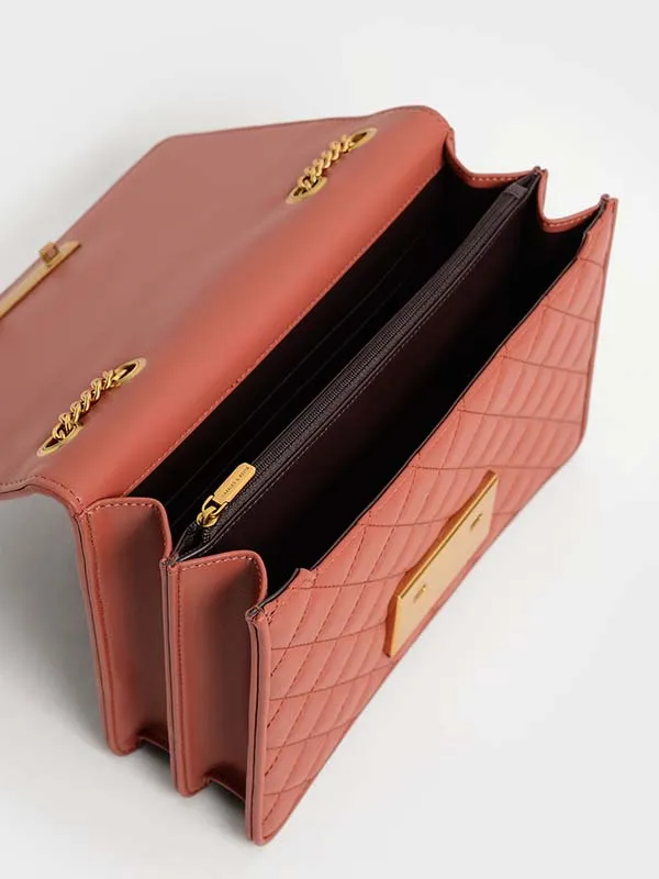 Túi Xách Nữ Charles & Keith CNK Quilted Chain Bag Brick 20680966-2 Màu Cam Gạch