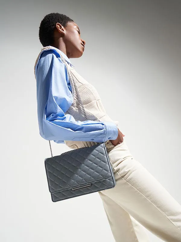 Túi Xách Nữ Charles & Keith CNK Quilted Chain Bag Steel Blue 20680966-2 Màu Xanh Blue
