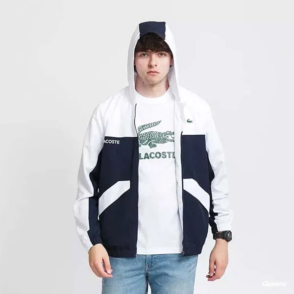 Áo Khoác Lacoste Sport Hooded Colourblock Khóa Kéo Màu Trắng Xanh Navy Size S