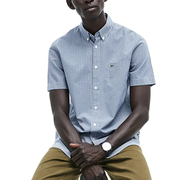 Áo Sơ Mi Cộc Tay Lacoste Short Sleeve Shirt Màu Xanh Kẻ Size 39
