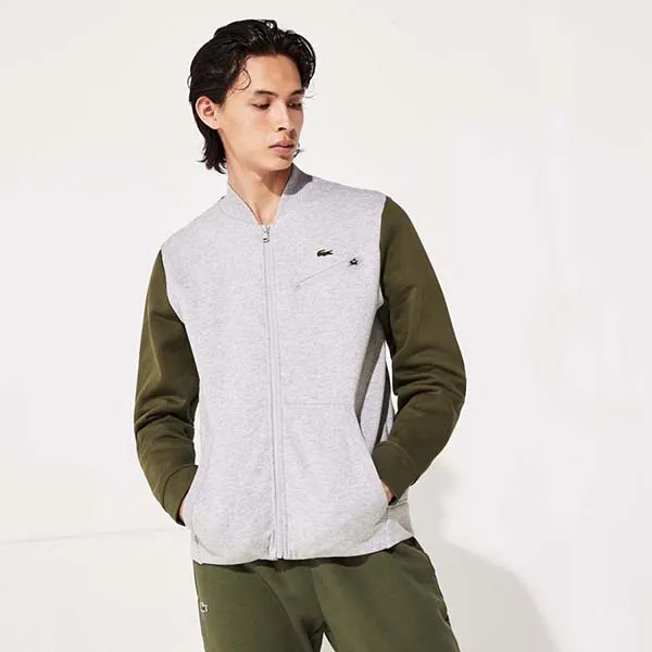 Áo Khoác Nỉ Lacoste Contrast-Sleeve Fleece Varsity Jacket Màu Xám Phối Xanh Green