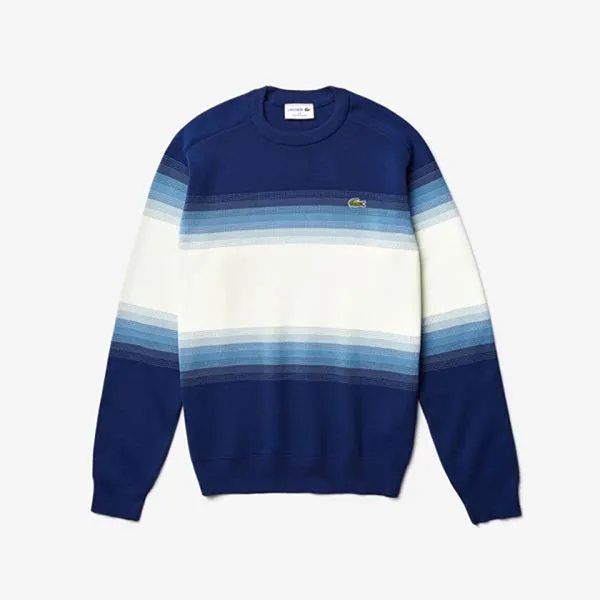 Áo Len Lacoste Made In France Degraded Cotton Crew Neck Sweater Phối Màu Xanh Trắng Size XS - 3