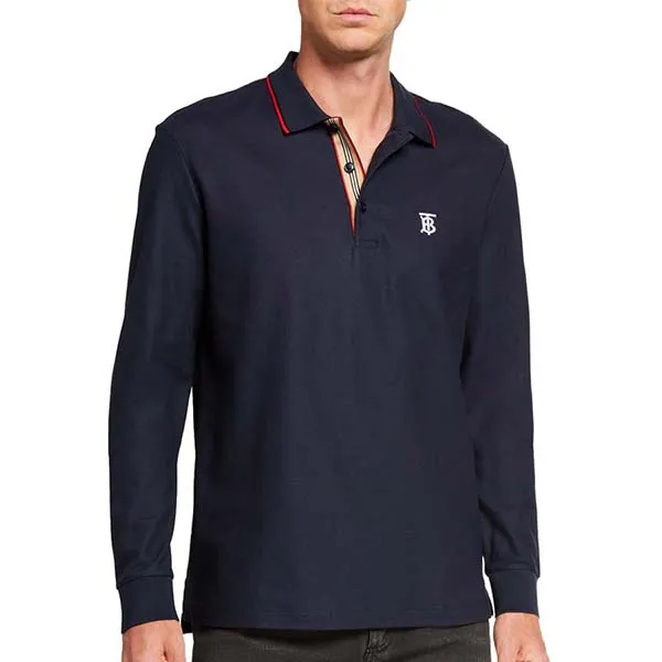 Áo Polo Dài Tay Burberry Men's Walton Pique Long-Sleeve Polo Shirt Màu Xanh Navy Size XS
