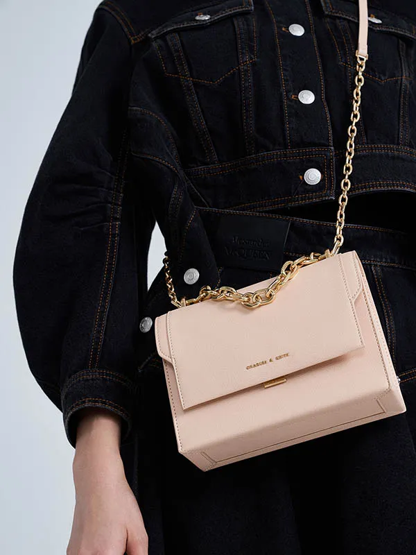 Túi Xách Nữ Charles & Keith CNK Front Flap Chain Handle Crossbody Bag Light Pink CK2-80701150-2 Màu Hồng Nhạt