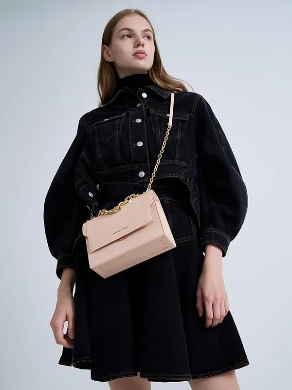 Túi Xách Nữ Charles & Keith CNK Front Flap Chain Handle Crossbody Bag Light Pink CK2-80701150-2 Màu Hồng Nhạt