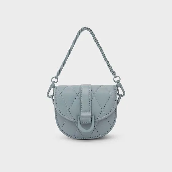 Túi Xách Nữ Charles & Keith CNK Micro Gabine Quilted Saddle Bag​- Steel Blue Màu Xanh Blue