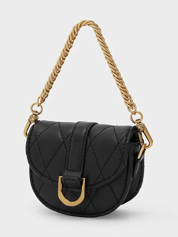 Túi Xách Nữ Charles & Keith CNK Micro Gabine Quilted Saddle Bag​- Black Textured 80781630 Màu Đen