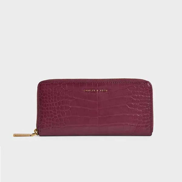 Ví Cầm Tay Nữ Charles & Keith CNK Croc-Effect Mini Long Wallet Ck6-10770512-1 Màu Đỏ Mận