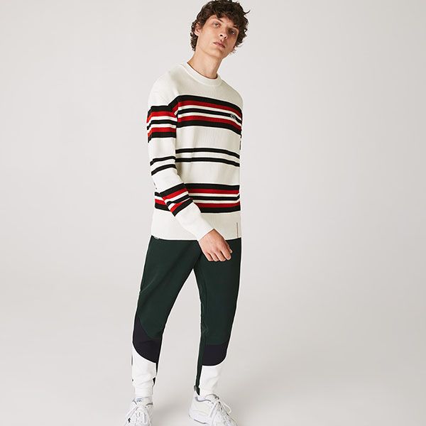 Áo Len Lacoste Men's Made In France Striped Organic Cotton Crew Neck Sweater Màu Trắng/Đen/Đỏ Size S - 4