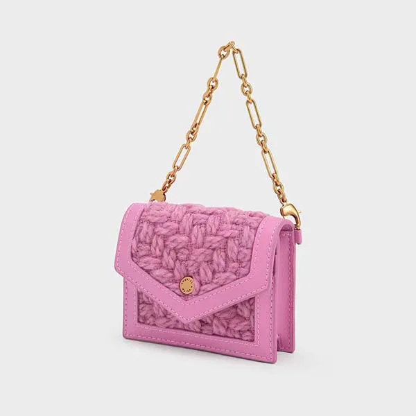 Ví Nữ Charles & Keith CNK Tweed Chain Link Card Holder Pink 51200016