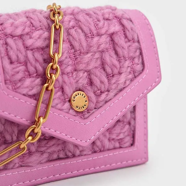 Ví Nữ Charles & Keith CNK Tweed Chain Link Card Holder Pink 51200016