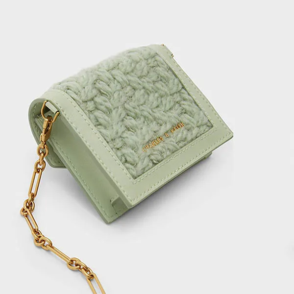 Ví Nữ Charles & Keith CNK Tweed Chain Link Card Holder Mint Green CK6-51200016