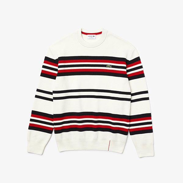 Áo Len Lacoste Men's Made In France Striped Organic Cotton Crew Neck Sweater Màu Trắng/Đen/Đỏ Size XS - 3